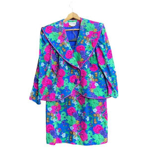 Vintage DAVID WARREN 2-piece Floral Silk Suits Women’s Size 14 Spread Collar